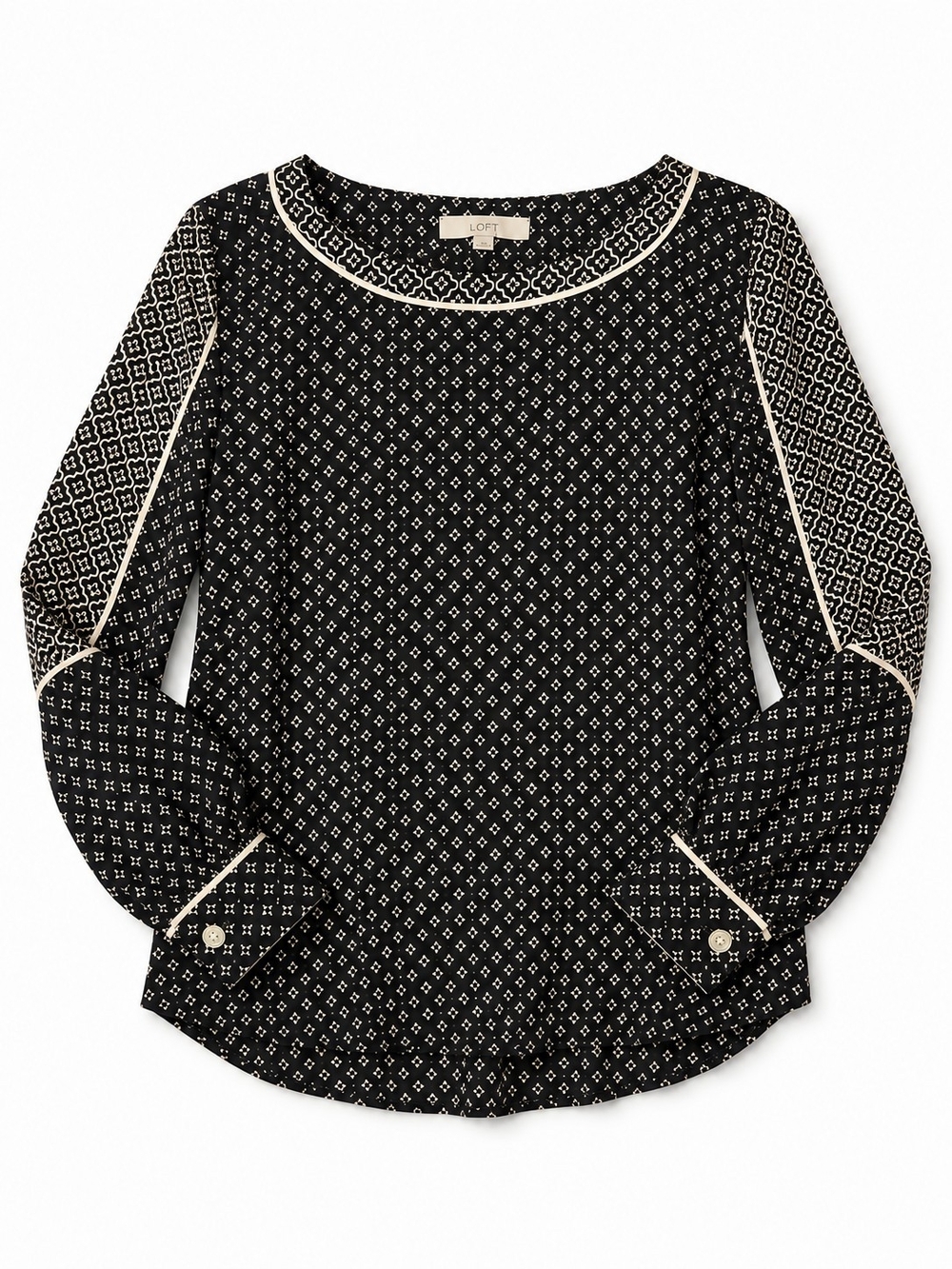 LOFT Black Cream Geometric Print Blouse Contrast Piping Flowy Tunic Top M
